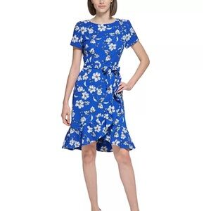 Calvin Klein Blue Floral Ruffle Sheath Dress Short Sleeve Tie Waist Size 10